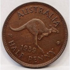 AUSTRALIA 1939 . HALF 1/2  PENNY . ROO . TONED